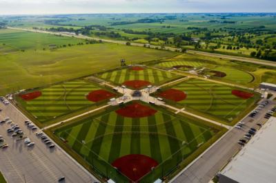 aerial view of baseball diamonds